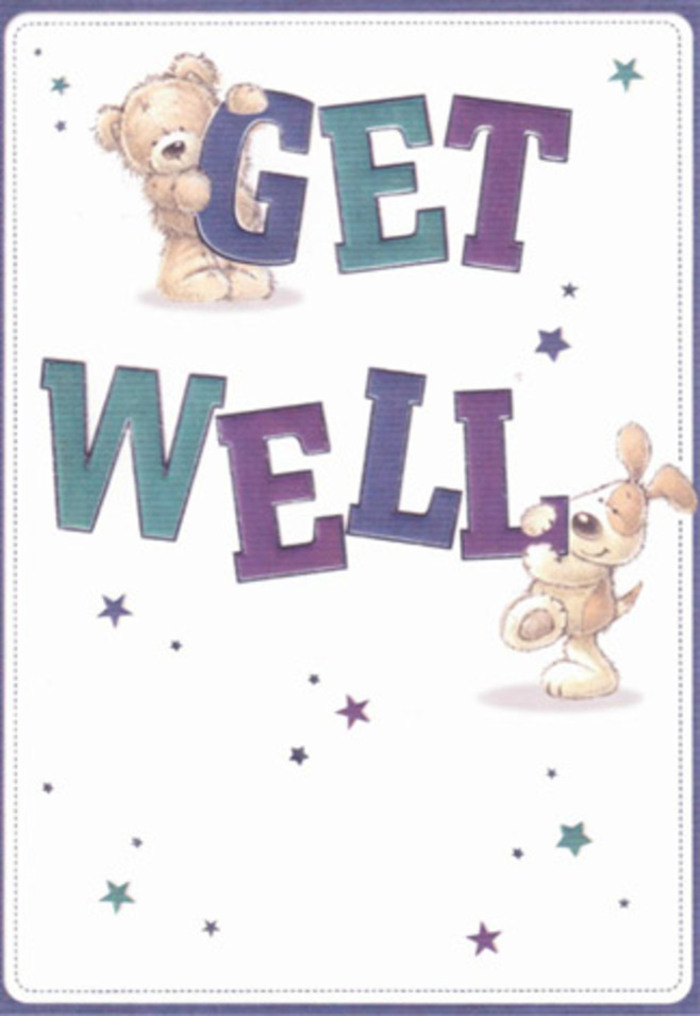 Every aspect of this get well card conjures the exuberant sense of community you'd experience visiting a local Woolwich florist on a sunny morning. Friendly illustrations show a bear and puppy-softly textured and bursting with personality-working together to share a loving message. The typography is large and assured, shaded in a lively mix of purple and aqua, grounding the design in cheerful encouragement. Around them, star-shaped accents float through the scene, scattered like petals from a market stall on Beresford Square. The tactile brushwork brings the characters to life: the bear's coat rendered irresistibly fluffy, the puppy's ears drooping endearingly soft-details that invite comfort and a sense of touch. The crisp white background allows these colours and forms to shine, every detail echoing the nurturing care found in a bespoke Woolwich bouquet. Imagine sending this card, perhaps accompanied by bright, hand-tied blooms, the combination radiating support and heartfelt compassion. It's an uplifting greeting for loved ones across SE18-innocent, sincere, and filled with hope.