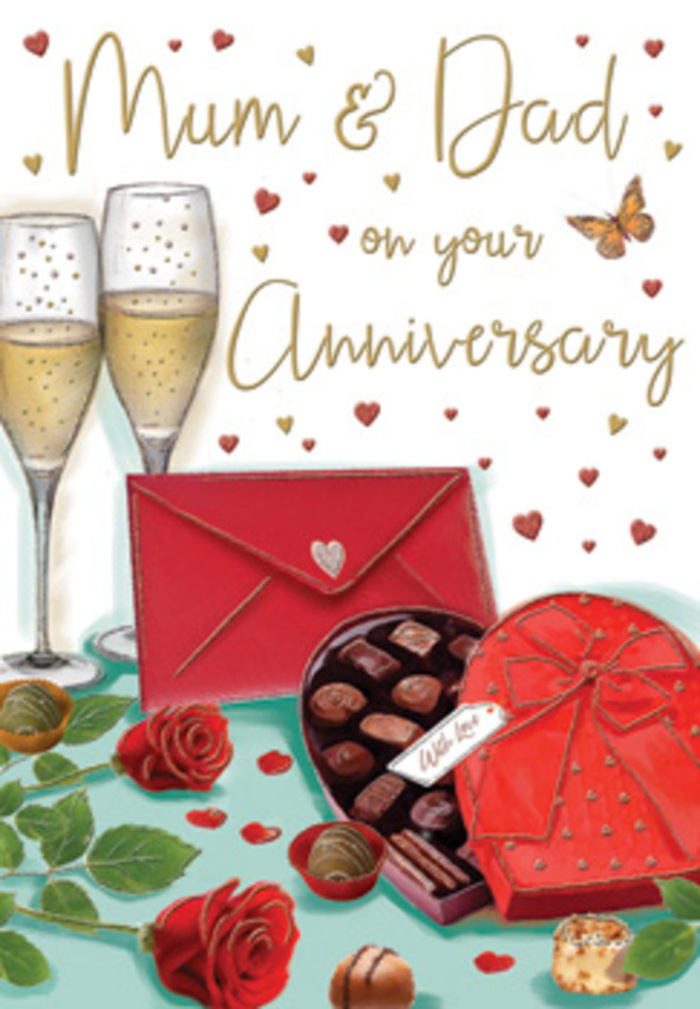 Detailed anniversary card artwork depicting an intimate celebration scene that could easily unfold in a Woolwich townhouse near the historic Arsenal buildings. At the forefront of the illustration, two sumptuous red roses rest on a plain tabletop, their petals opulent and densely layered, showcasing subtle highlights that suggest a soft, velvety touch. Surrounding foliage in rich green tones curves naturally around the blooms, grounding them in the composition and evoking the freshness of florist-selected stems. To the side, an open, heart-shaped chocolate box becomes a focal point of indulgence. Its interior reveals rows of carefully drawn chocolates, some smooth and rounded, others with textured tops, each cradled in a dark paper cup, ready to be shared in a quiet moment. A generous red satin bow encircles the box, its ribbon tails trailing slightly across the table surface, adding a luxurious flourish. Behind this, two slender champagne flutes rise together, filled almost to the brim with pale golden champagne. Fine bubbles shimmer within the glass, paused mid-ascent as though capturing the exact moment before glasses meet in an anniversary toast. Across the softly coloured background, tiny gold and crimson hearts drift and cluster around hand-lettered text addressed affectionately to Mum & Dad, blending sentimentality with festive charm. A vivid scarlet envelope lies neatly nearby, sealed and promising a handwritten message of thanks, memories, and devotion, perhaps penned earlier that afternoon on a quiet street off Powis Road. The lighting is warm and gentle, casting subdued reflections and a cosy glow that makes the scene feel inviting and homely. Together, the roses, chocolates, champagne, and tender words form a visual story of enduring love and family connection, echoing the thoughtfulness that often accompanies anniversary flower deliveries across Woolwich.