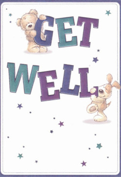 This delightful get well card suggests the kind of heartfelt cheer often found at Flower Delivery Woolwich, near the energy of Powis Street and the gentle green of Maryon Park. Central to the scene is a cuddly teddy gripping the top of a buoyant 'GET', while a lively puppy snuggles up to the bold 'WELL' below-both rendered with rounded, expressive faces that radiate affection and quiet optimism. Their playful forms are surrounded by twinkling stars in deep blue and velvety purple, evoking a feeling of magic, much like the moment a surprise bouquet is handed over at a local doorstep. The crisp white background lends an impression of cleanliness and clarity, echoing the reassuring presence that is so appreciated during times of illness. The deep purples and teals in the lettering stand out with playful distinction, bringing a subtle vibrancy to the whole scene. Every element feels lovingly considered-just as a florist would choose each flower and ribbon-creating a visual hug of support perfect for brightening a difficult day in Woolwich, whether sent with flowers or as a standalone gesture.
